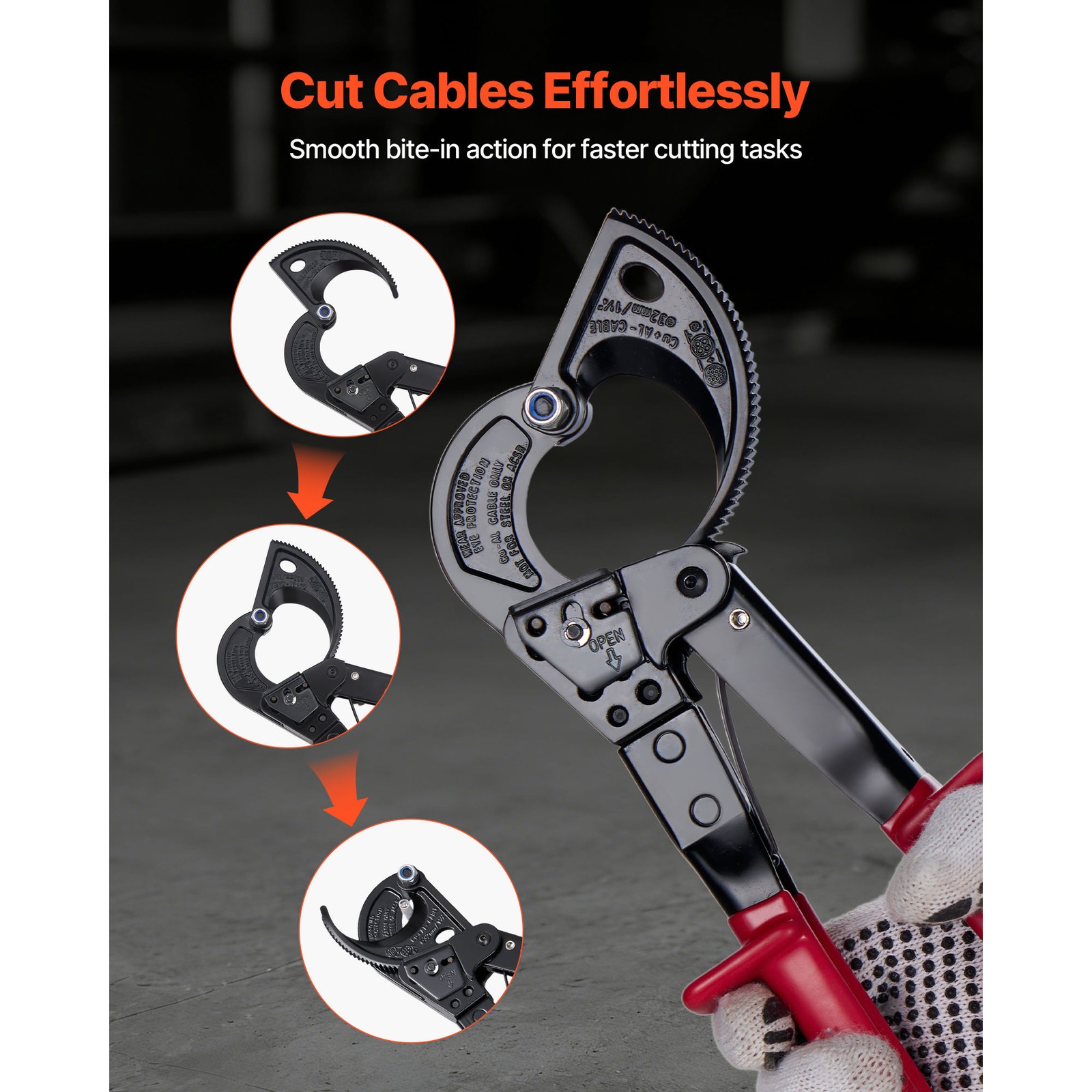 Uimoso Ratcheting Cable Cutter for Copper and Aluminum, 474 MCM / 240 mm²