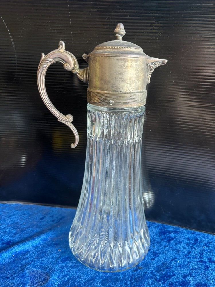 Antique Ribbed Clarot Pitcher Silver Plated Lid & Handle 14"
