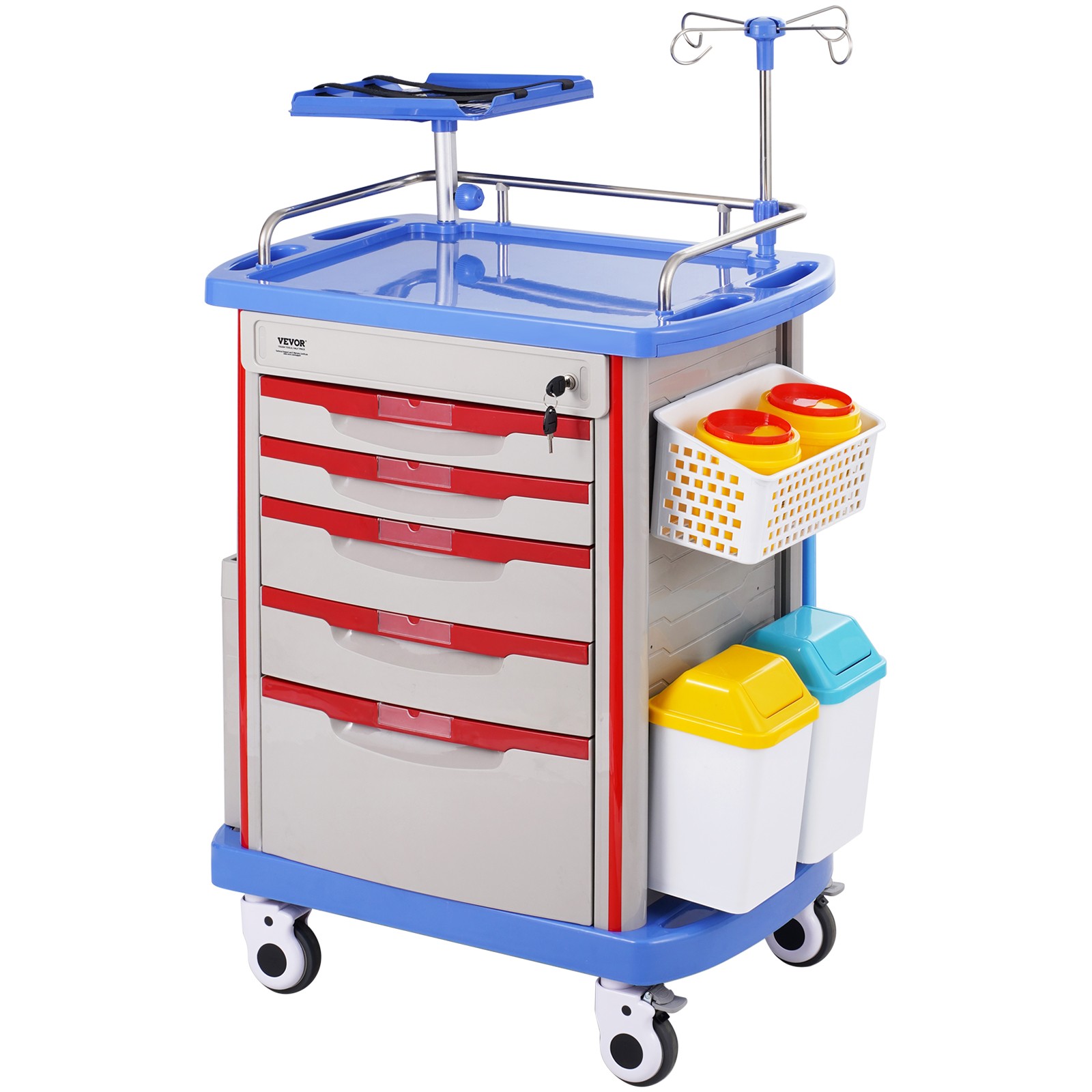 VEVOR 5 Tiers Lab Carts Mobile Medical Cart with 5 Drawers & 2 Trash Cans Blue