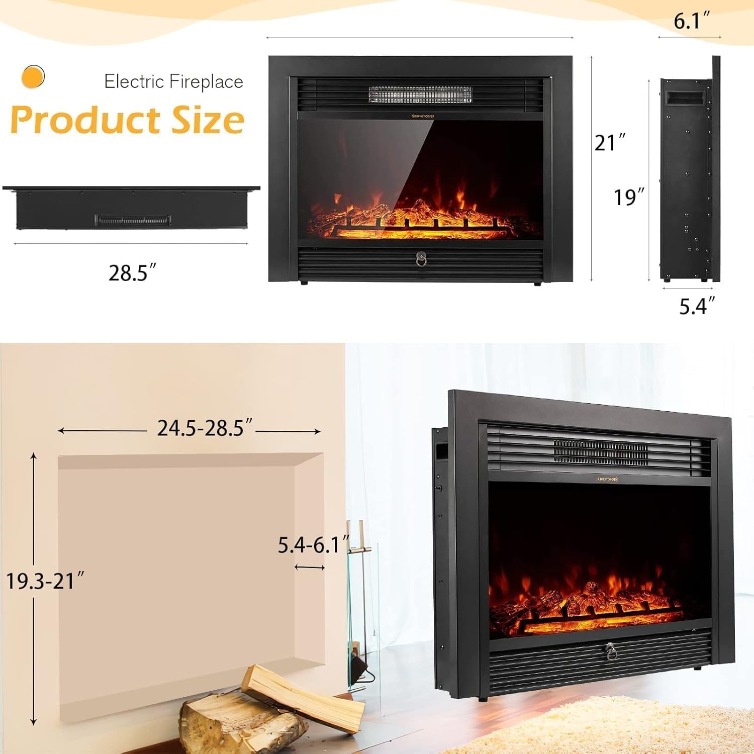 28.5" Electric Fireplace Insert Recessed/Mounted Fireplace with Remote Control