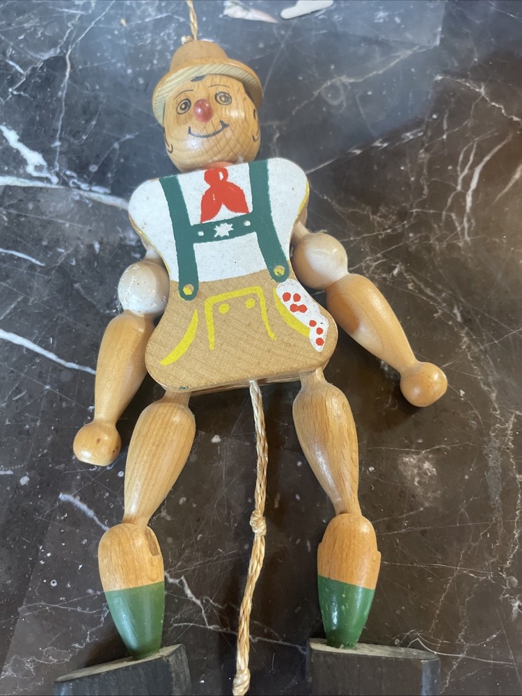 Vintage Boy Hand Painted Wooden Jumping Jack Pull String Puppet 7" Works*