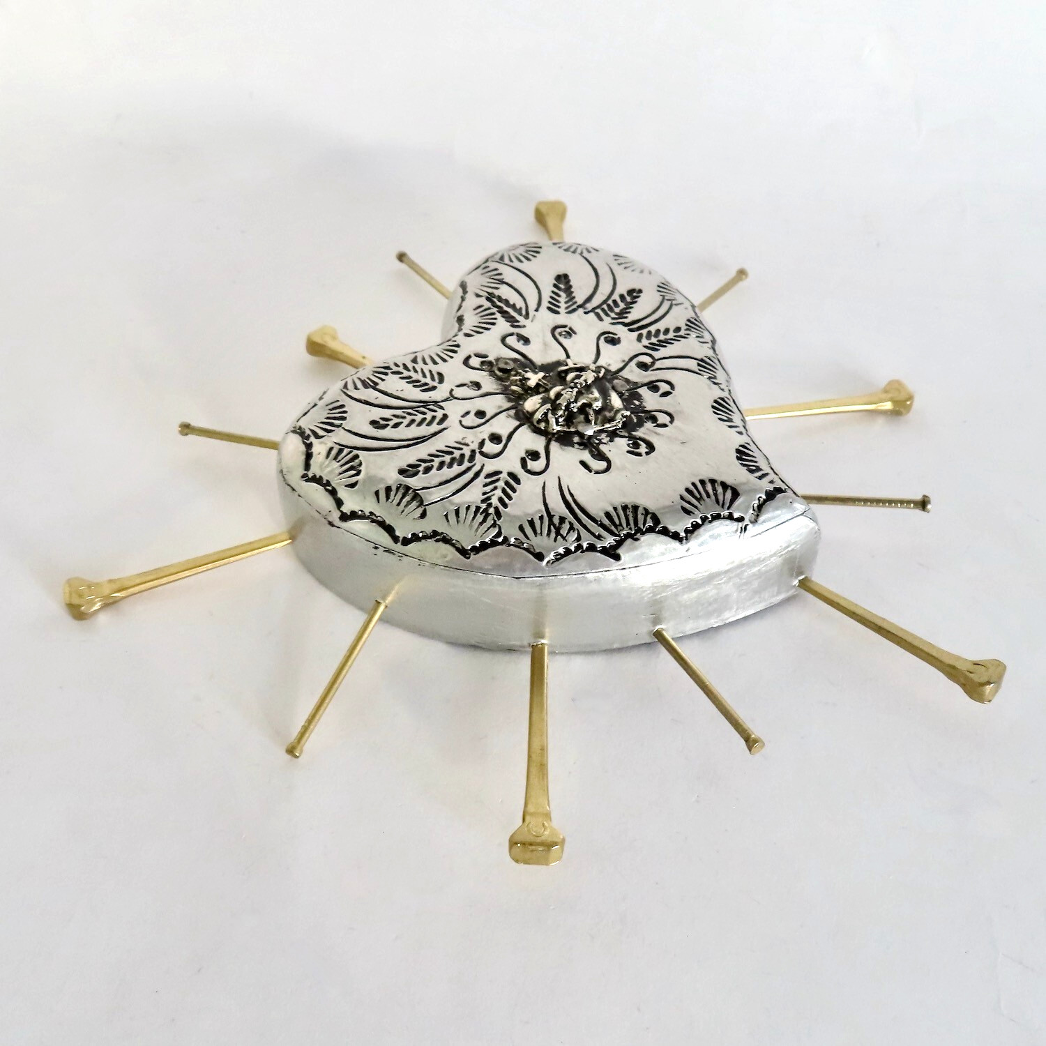 Milagros Sacred Heart Nails Wood Silver Embossed Handmade Mexican Folk Art 6H