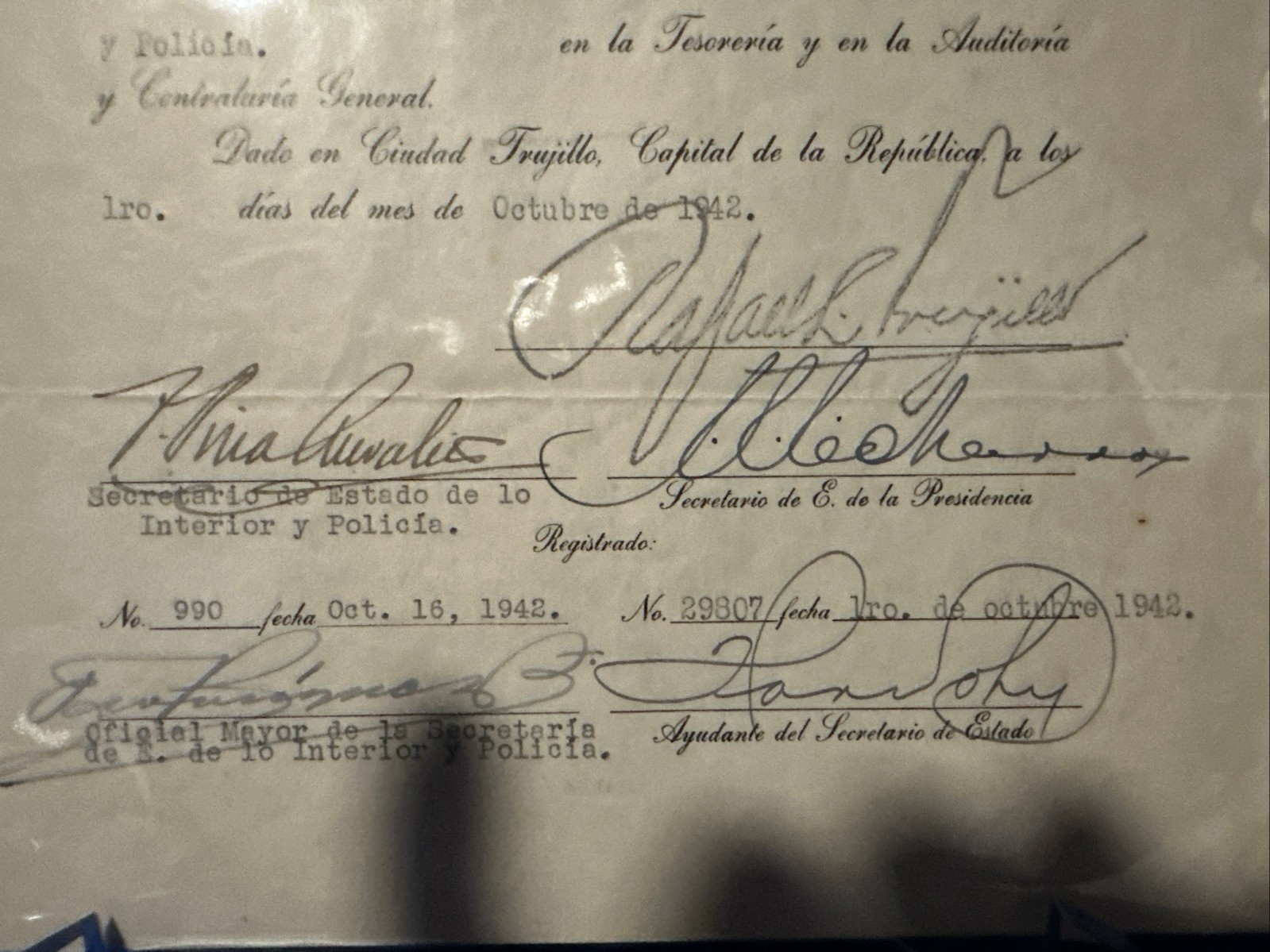 1942 Signed Document Rafael L. Trujillo, President Dictator Dominican Republic