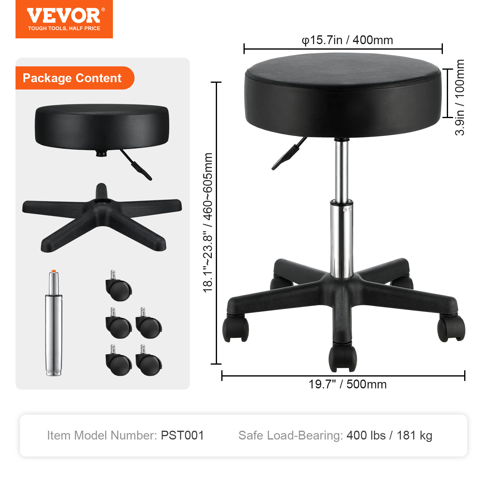 VEVOR Round Rolling Stool Swivel Stool with Wheels PU Leather Height Adjustable