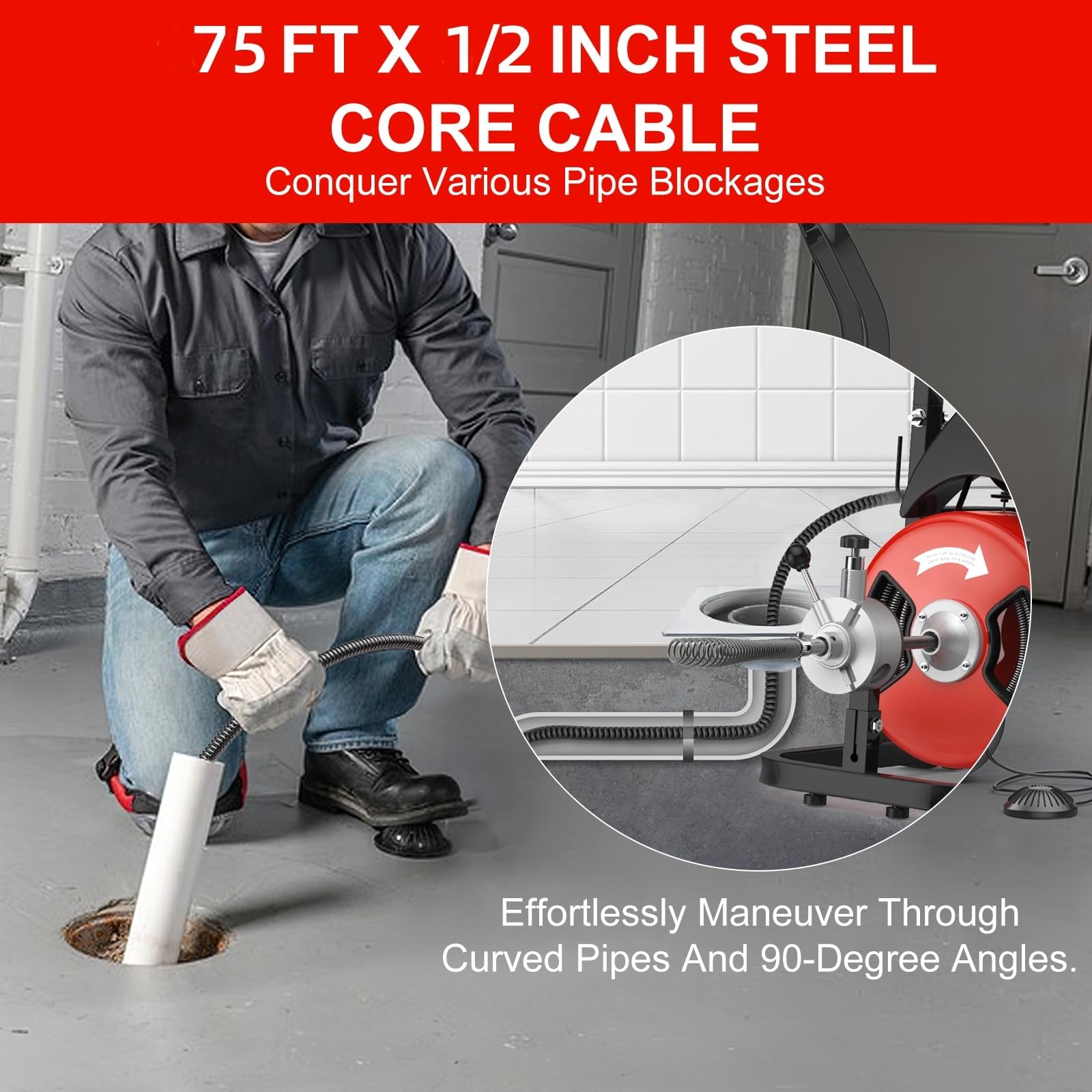 75FT 1/2 in Auto Feed Drain Cleaning Machine,Electric Drain Auger with 6 Cutter