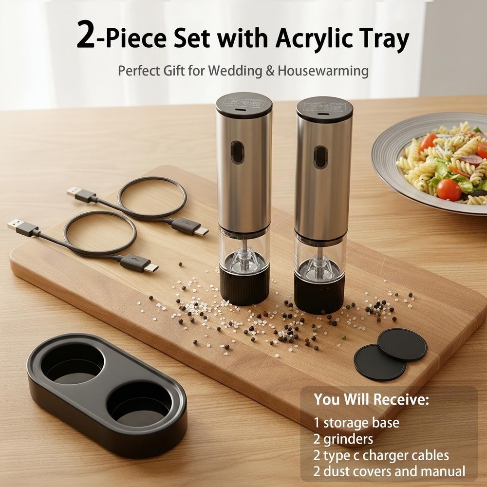2 Pack Rechargeable Salt and Pepper Grinder Set, USB -Charging Automatic Cord...