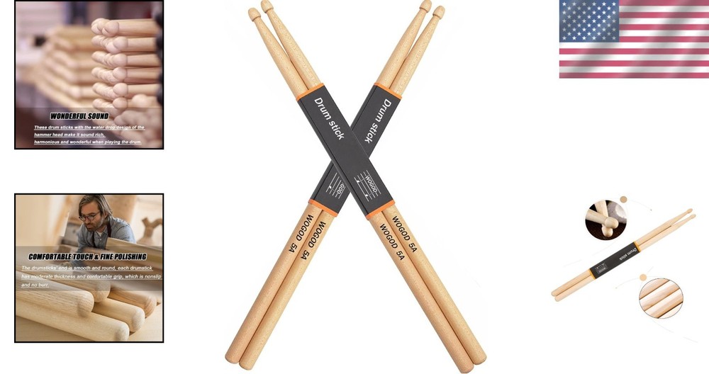5A Maple Drumsticks with Water Drop Tip - Two Pair for Exceptional Tone