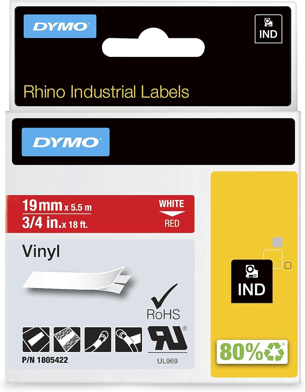Dymo  Rhino Industrial Labels 3/4 White On Red Vinyl 1805422 New In Box