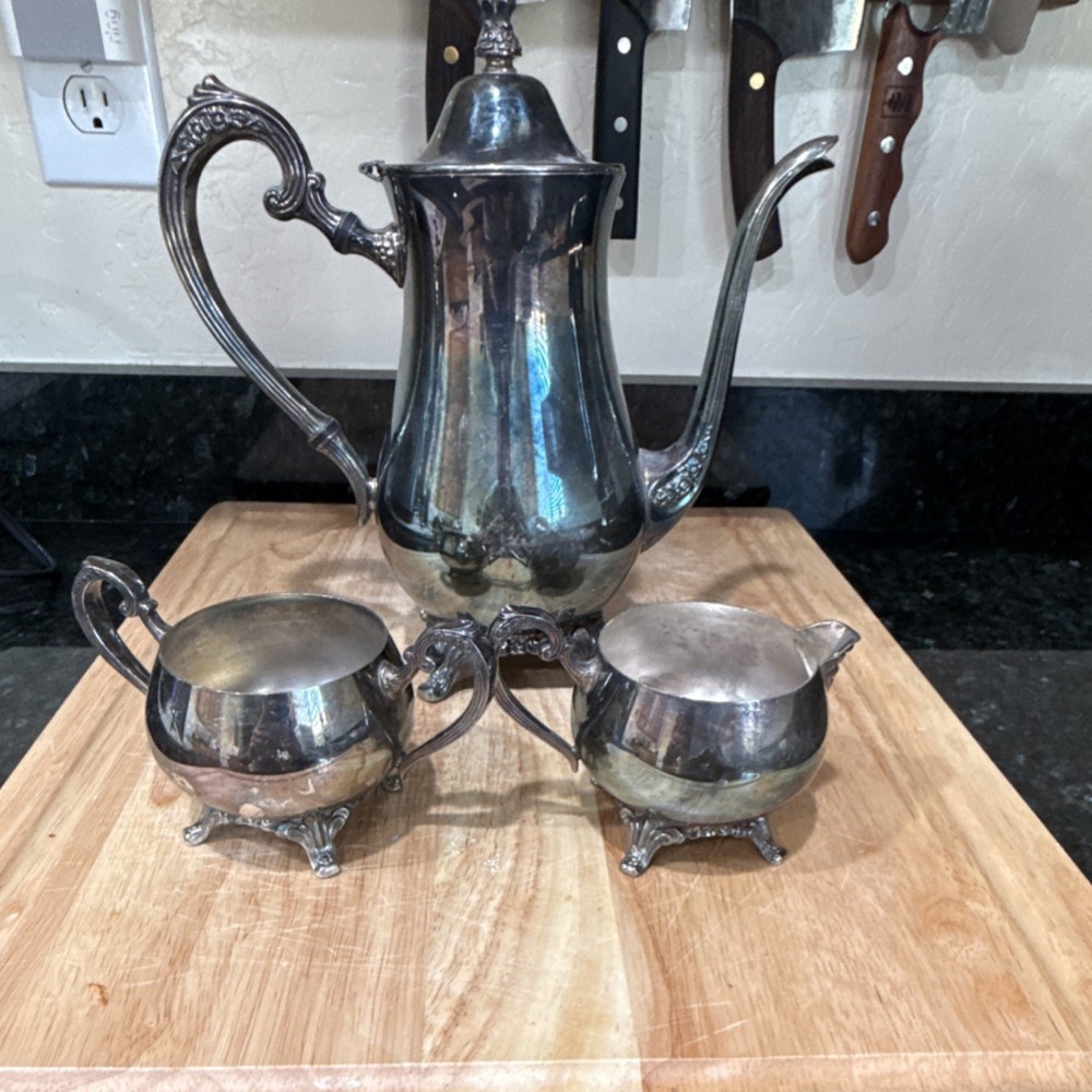 Crescent Silverplate Coffee Pot, Creamer & Sugar Bowl Set Antique US Marked