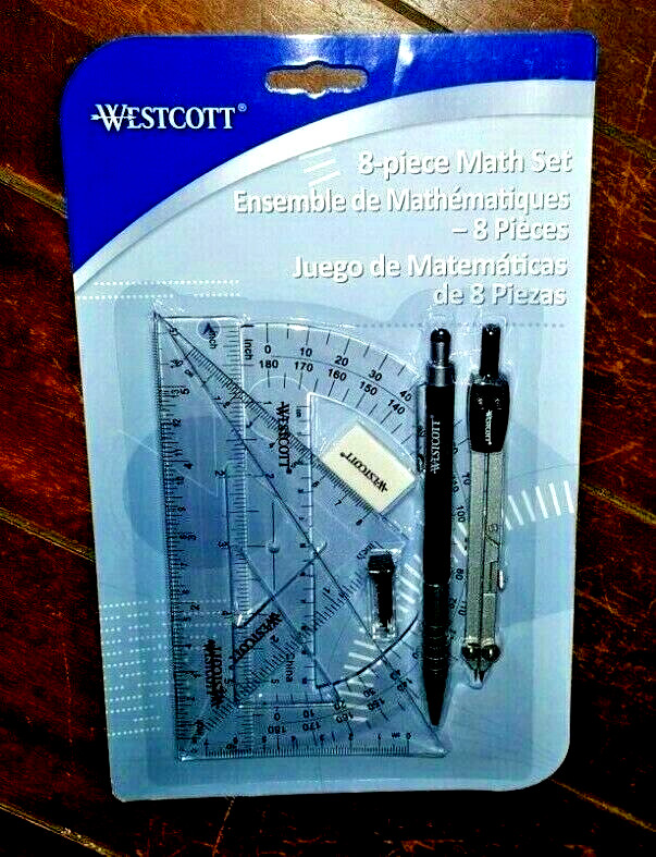 Westcott 8pc. Math Set: Compass/Refills/Protractor/Ruler/Triangles/Pen & Eraser!