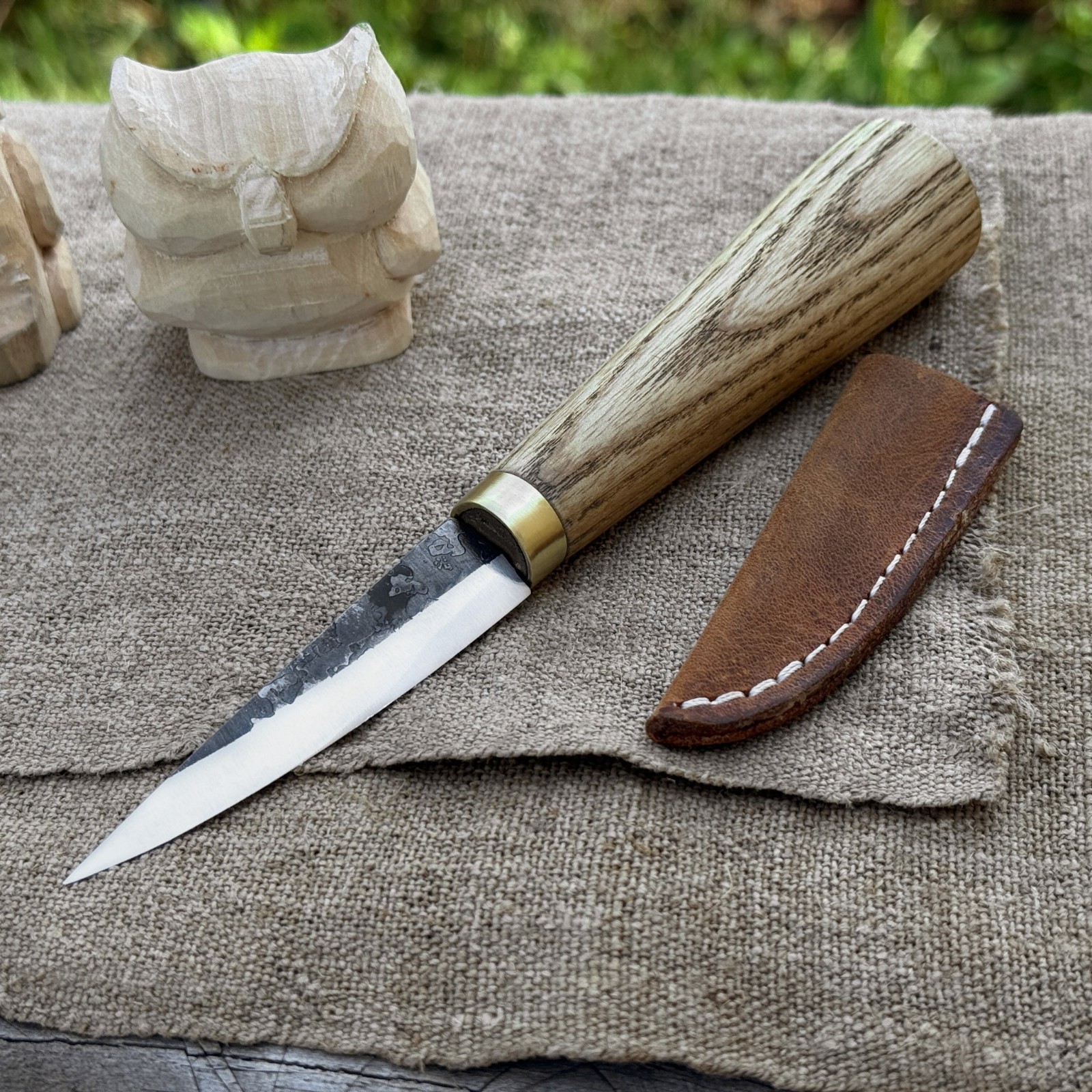 6'' Wood Carving Sloyd Knife 52100 Carbon Steel, Ash Handle, Leather Sheath