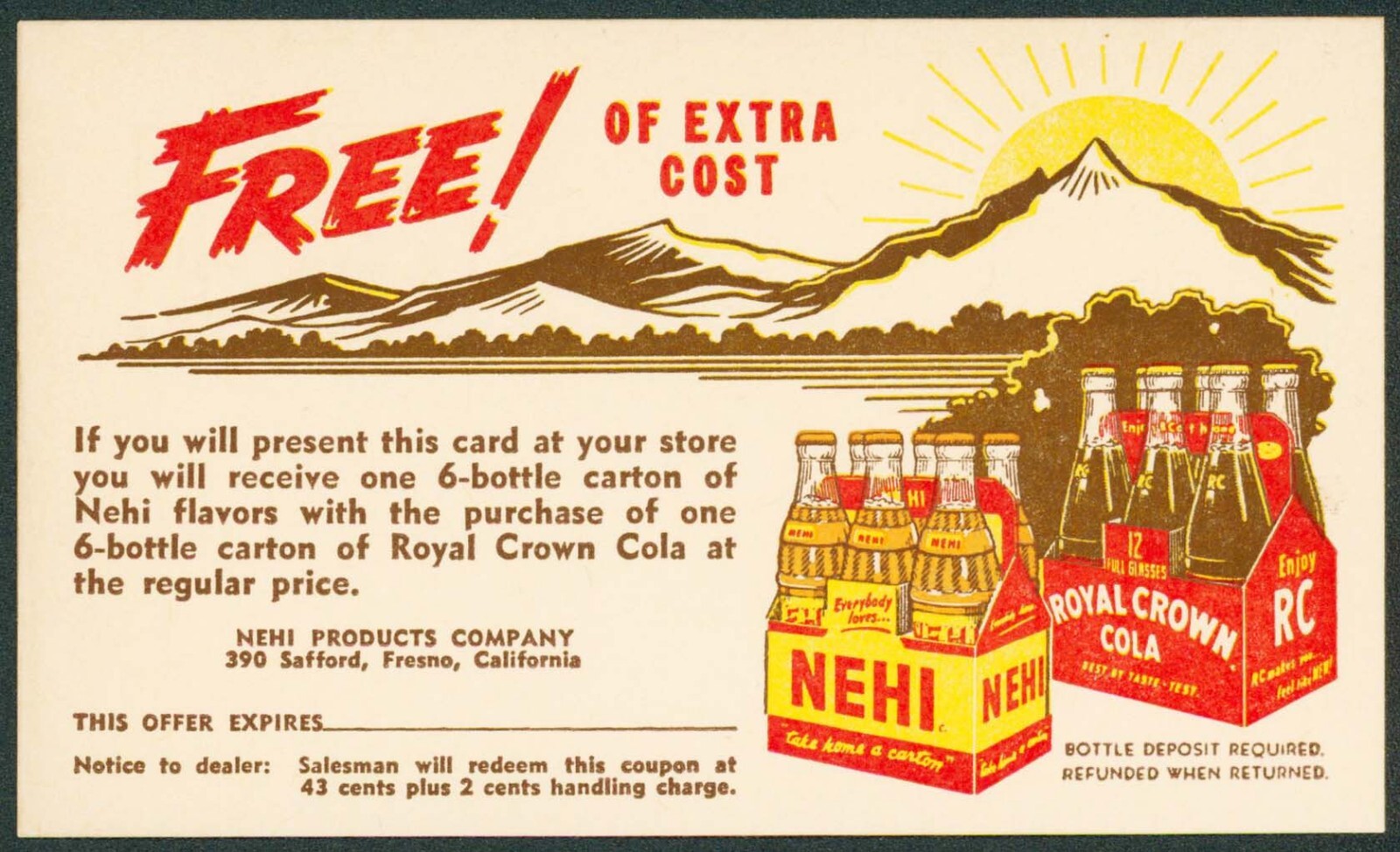 Vintage coupon NEHI and ROYAL CROWN COLA 6 packs pictured Nehi Fresno California