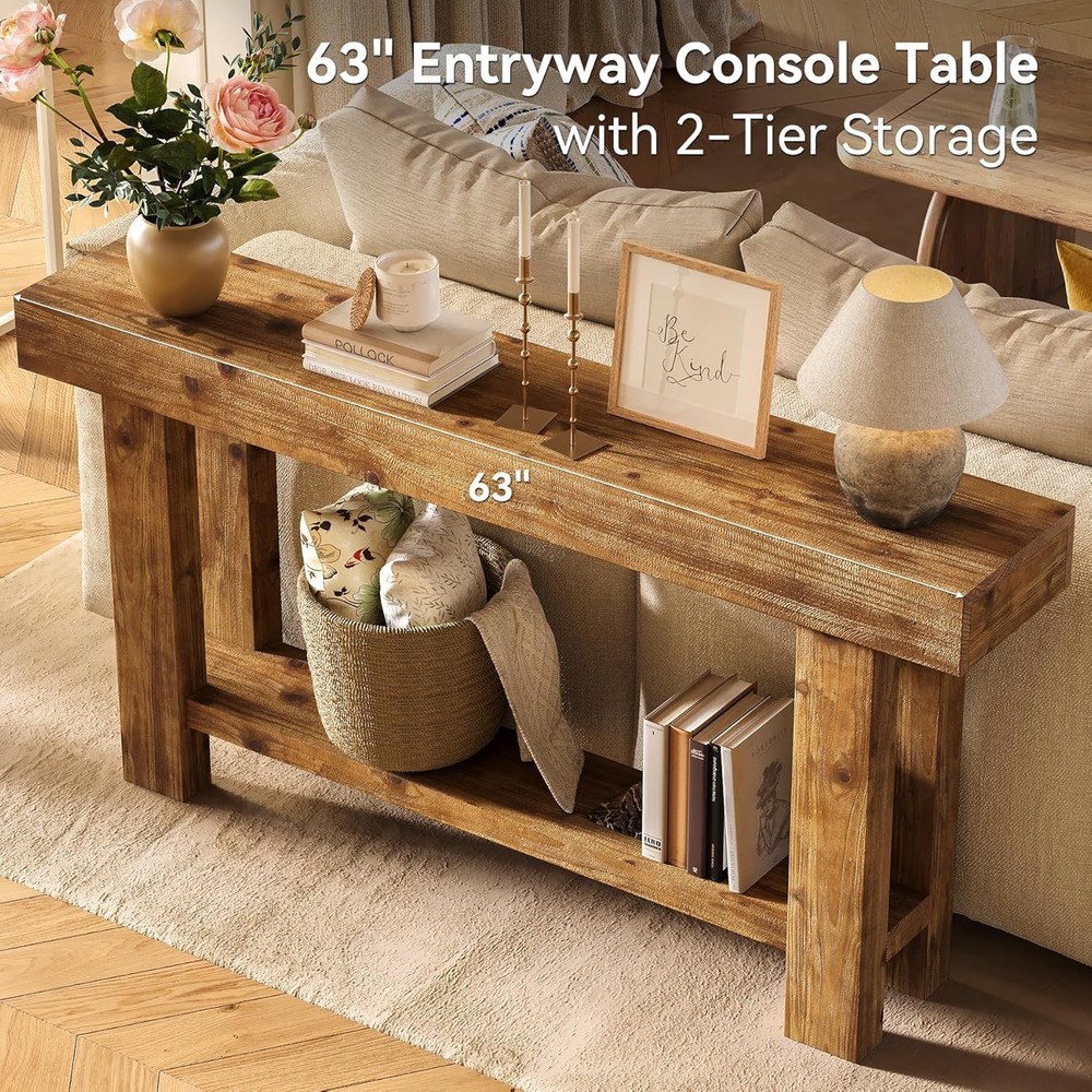 63'' Solid Wood Console Table Farmhouse Narrow Entryway Sofa Table with Storage