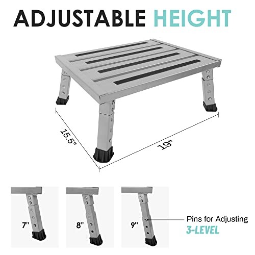 Adjustable Height Aluminum RV Step, Stable Foldable Platform Step Stool, Silver