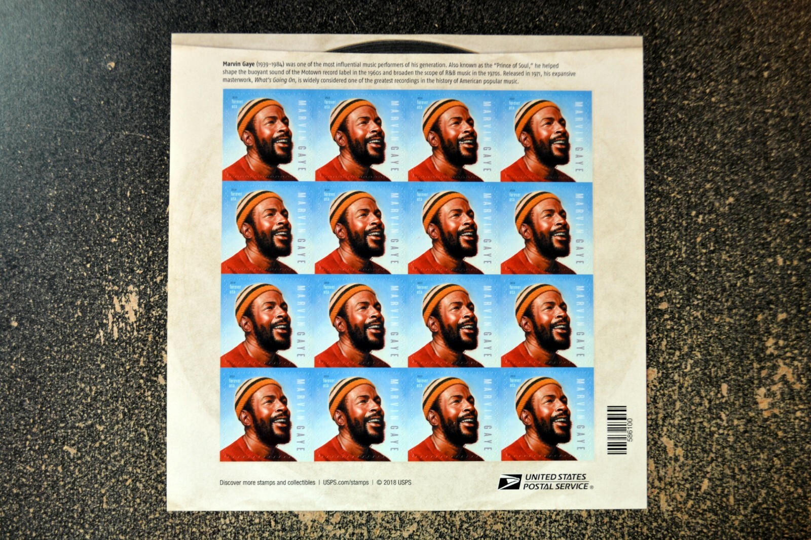 2019USA #5371 Forever - Marvin Gaye - Sheet of 16 Stamps  Mint   *small flaw*