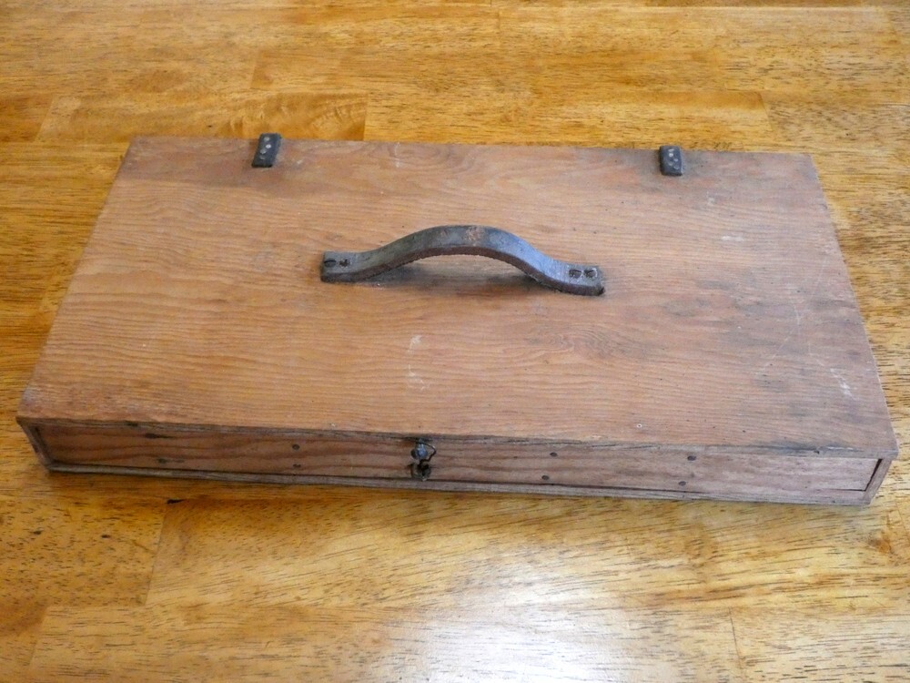Vintage Primitive Wood Toolbox Chest with Leather Handle