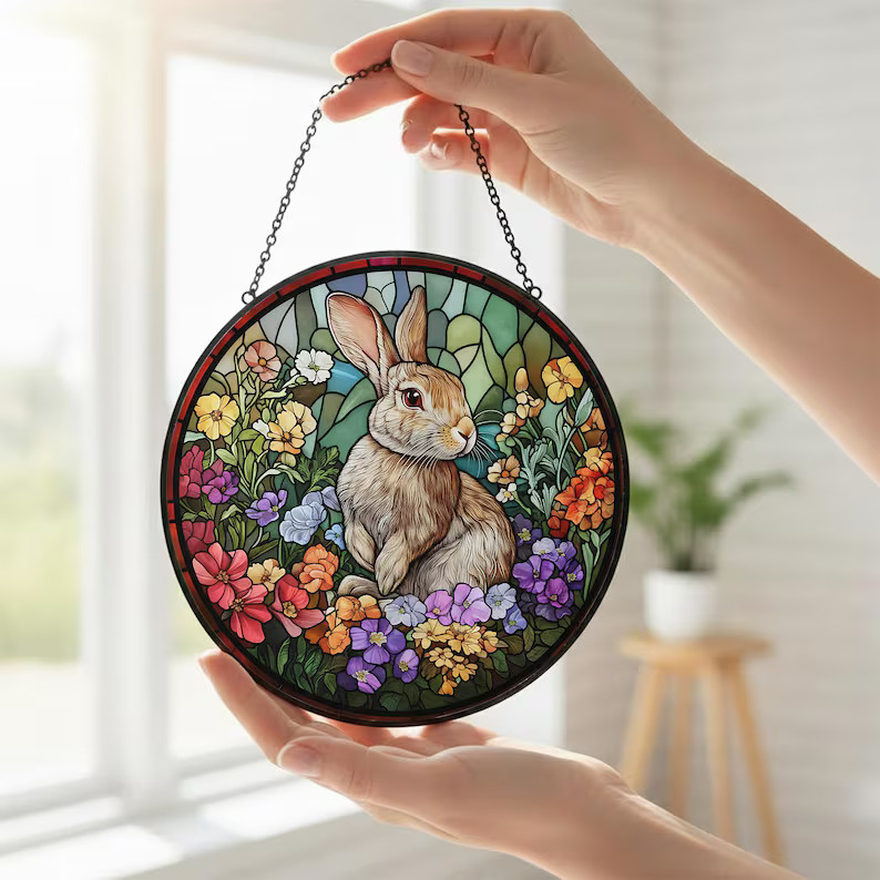 Rabbit Stained Glass Suncatcher Easter Decor Window