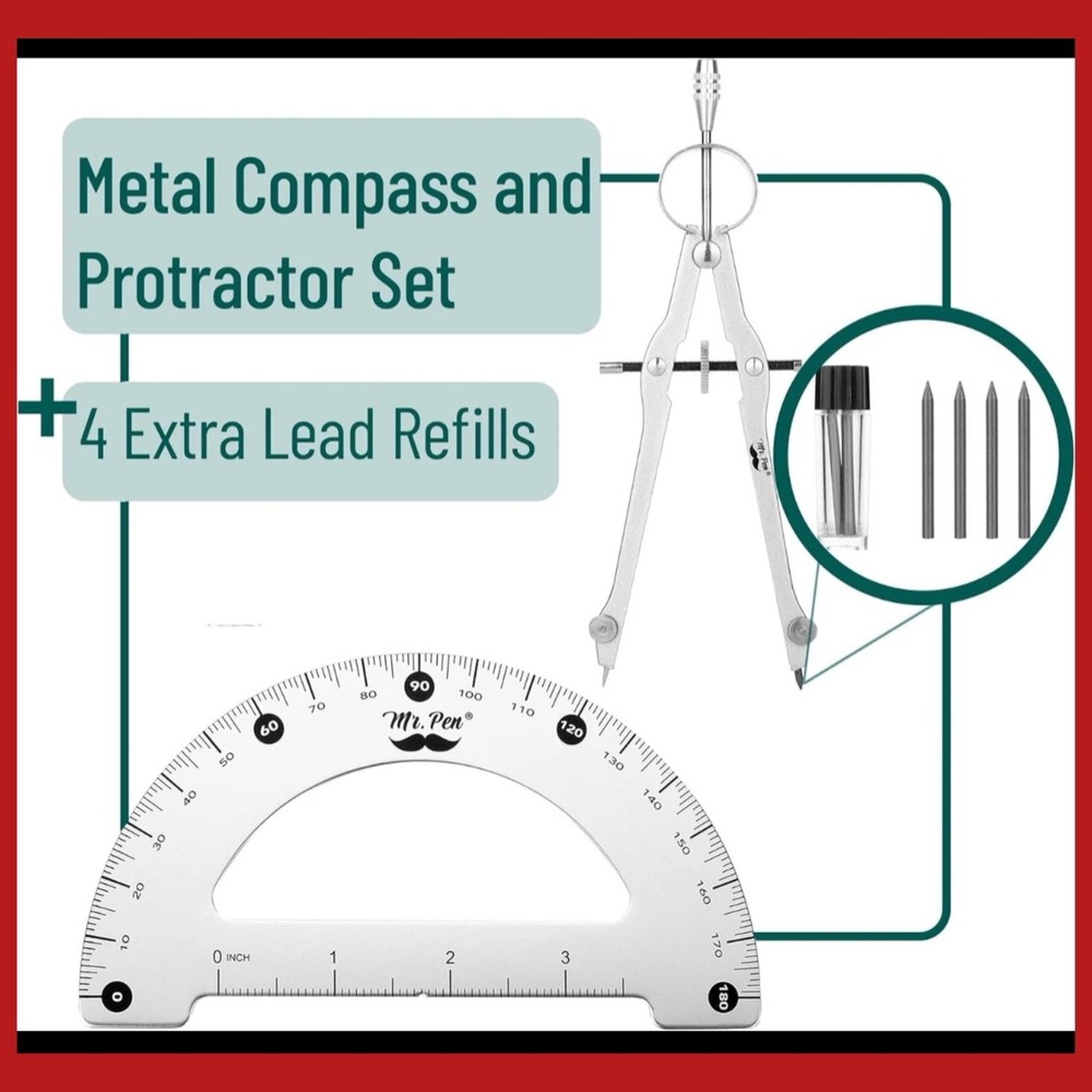 Mr. Pen- Metal Protractor and Compass Set, for Geometry W/Refill