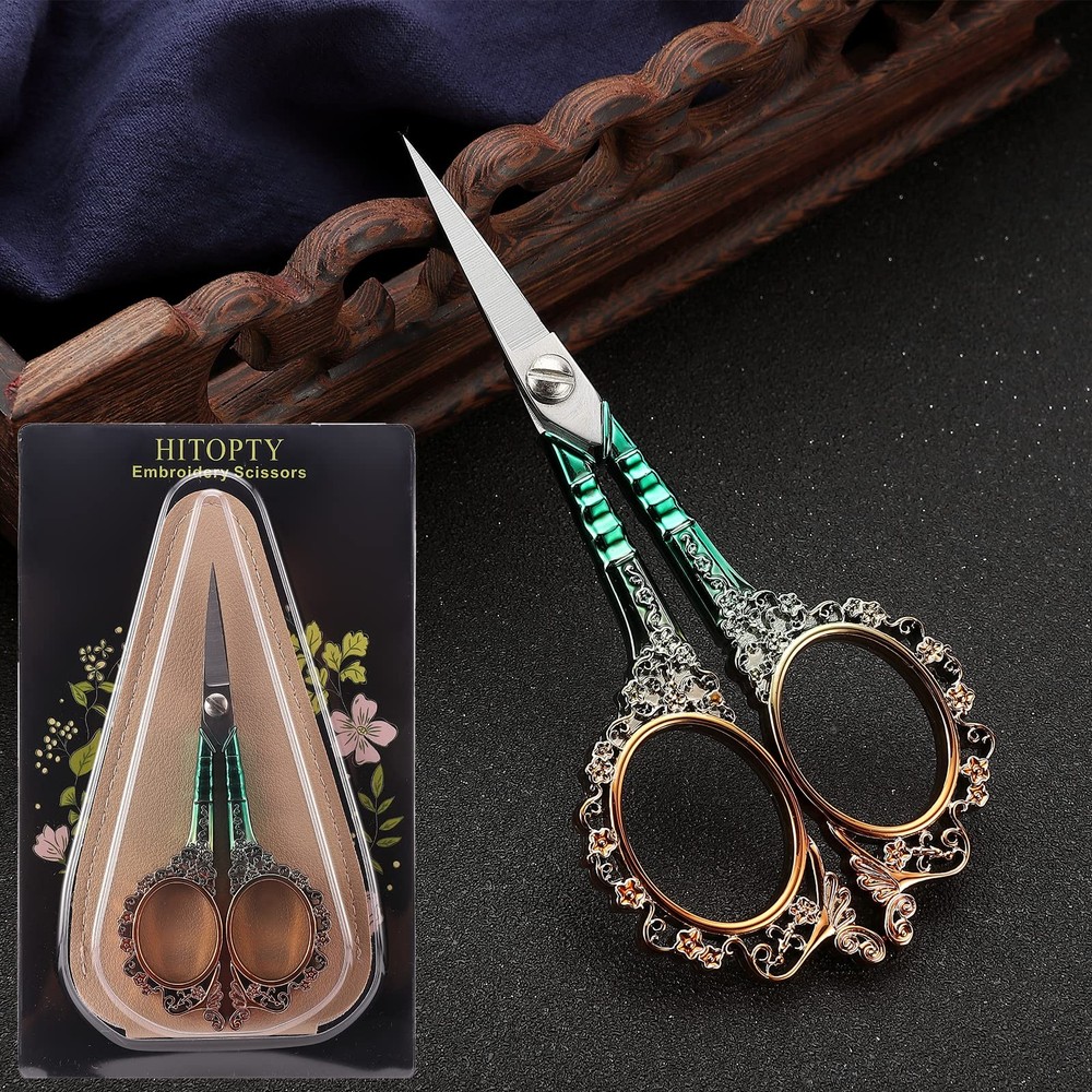 HITOPTY Sewing Scissors Sharp Embroidery with Sheath, Gold Green