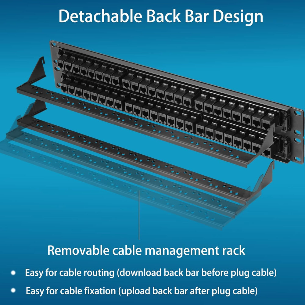 48 Port Cat6 Patch Panel with Inline Keystone 10G Support, Pass-Thru Coupler
