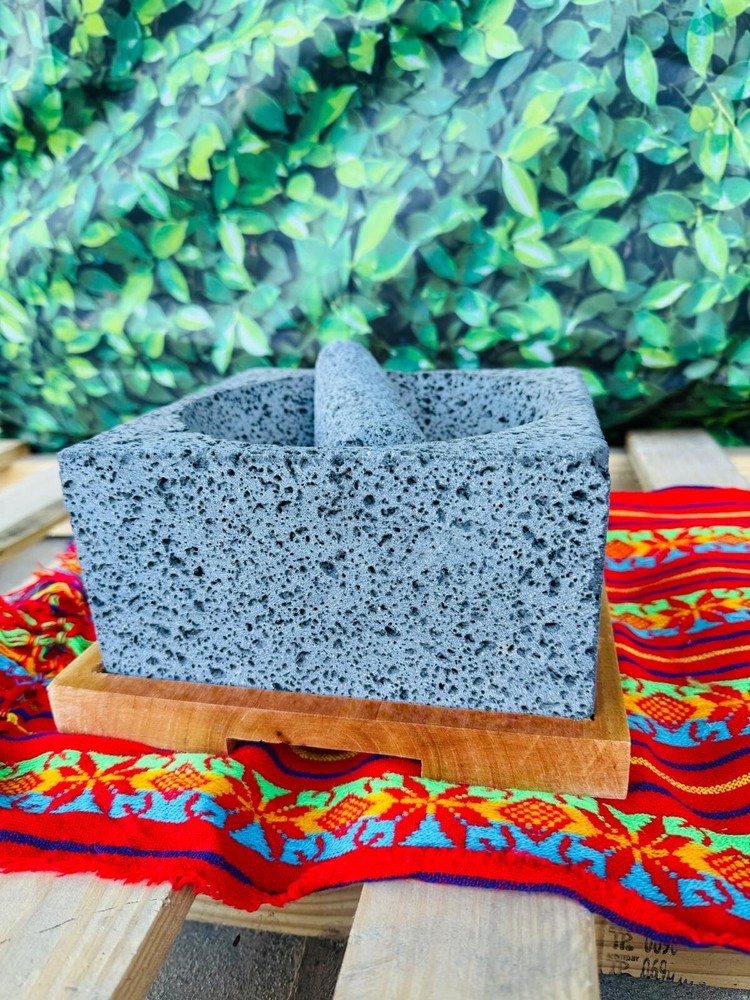 Molcajete Stone Square 8in With Wood Bottom Base