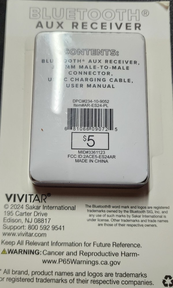 Bluetooth Aux Receiver (Make Any Aux Device Bluetooth Compatible) Purple