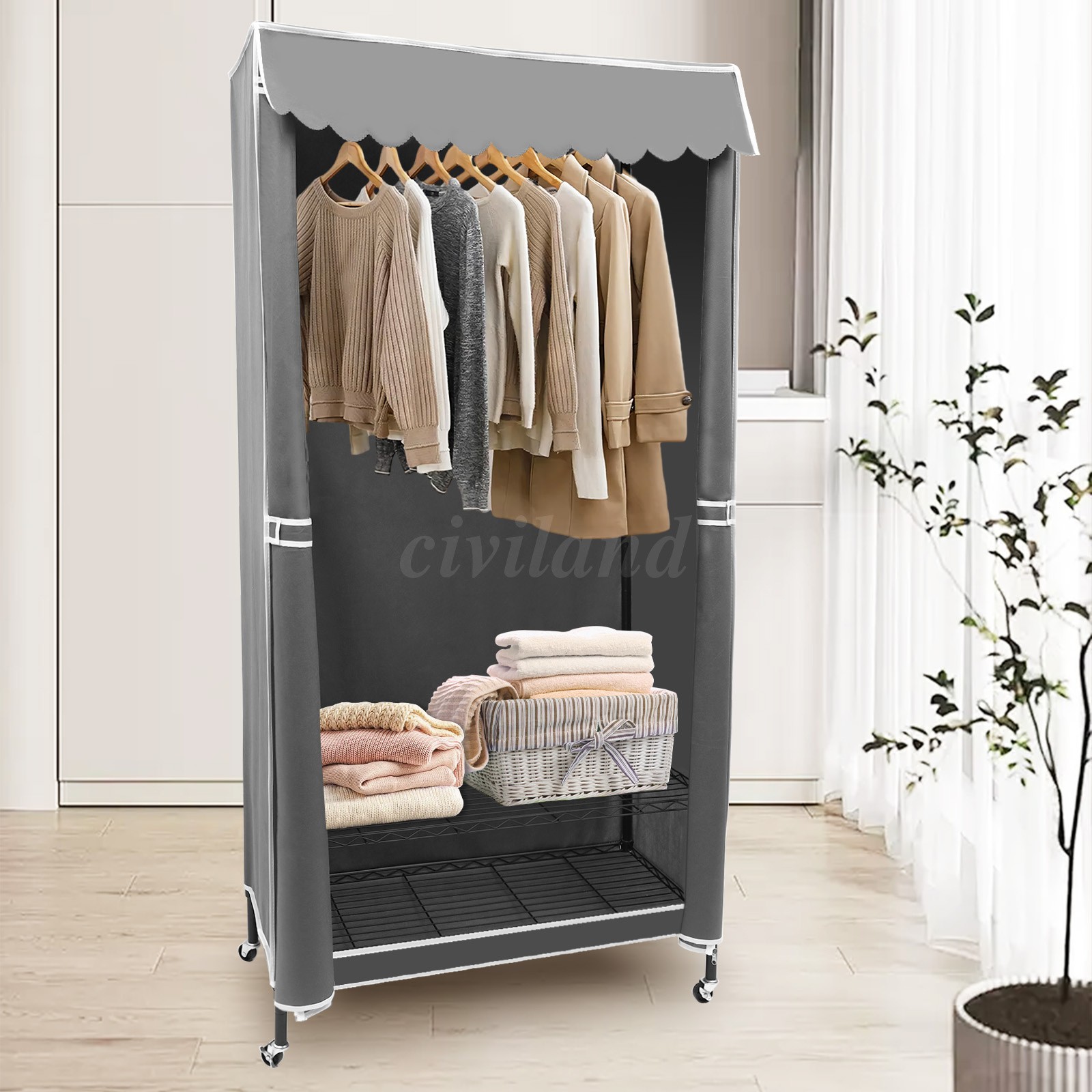 3 Tiers Heavy Duty Rolling Garment Rack with Wheels, Adjustable Shelf, Bedroom