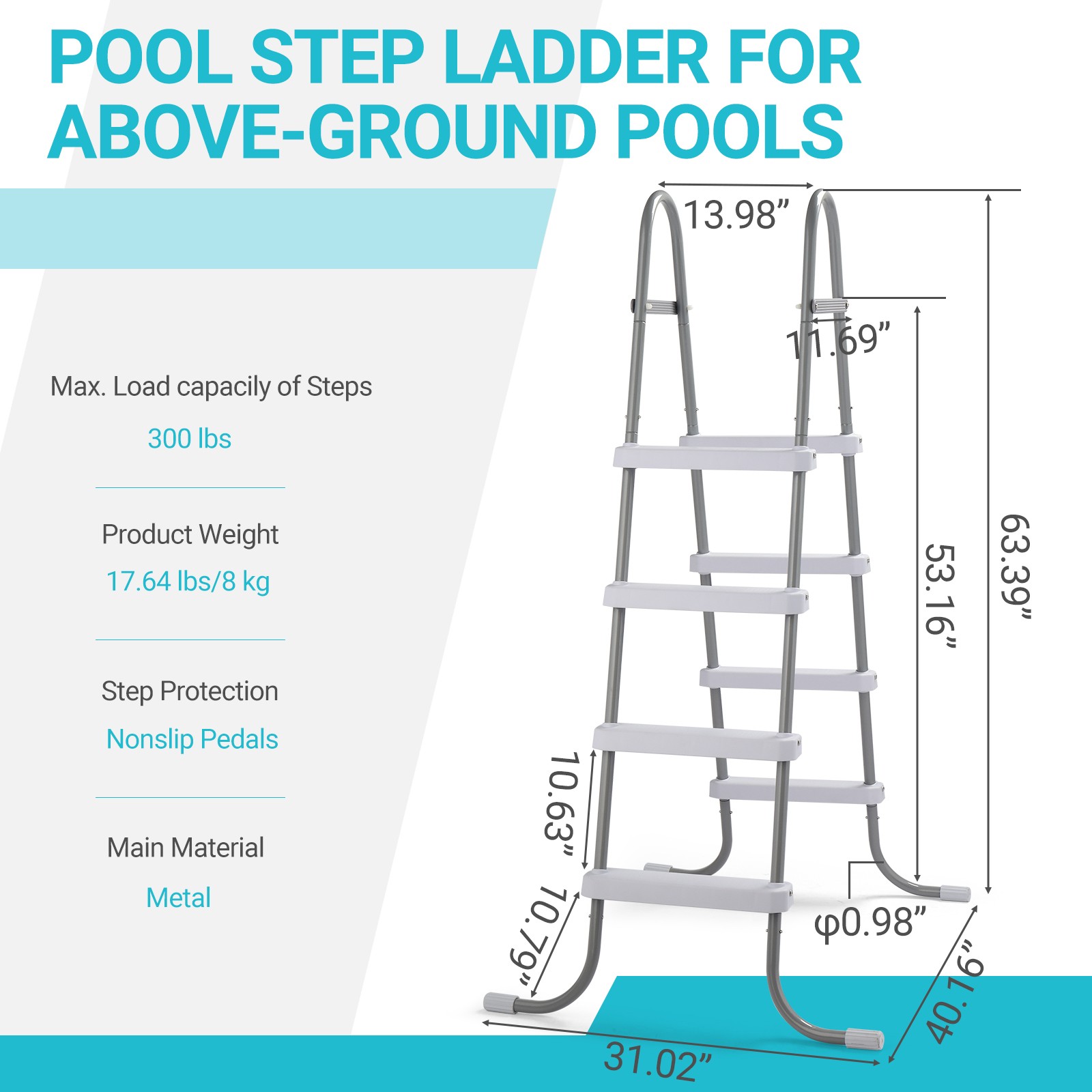 4 Steps Swimming Pool 52in Ladder, Coated Steel Frame Outdoor Improve Stability