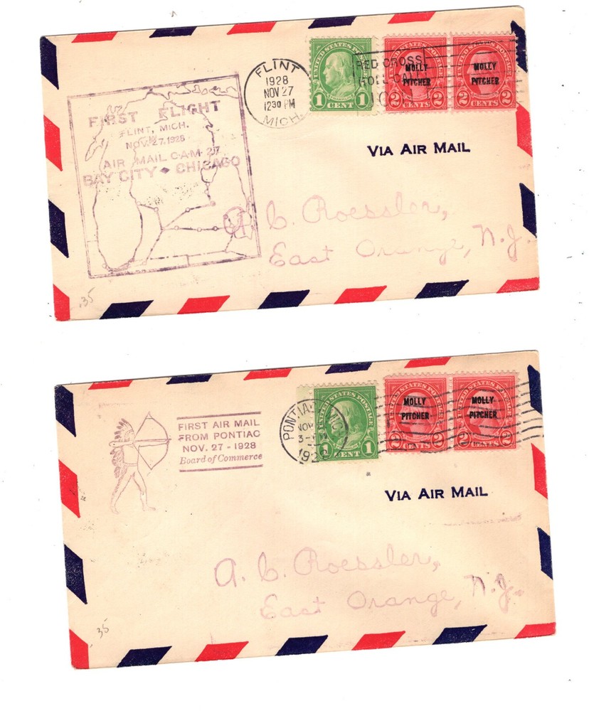 US  first flight  covers  2   with  Molly Pitcher  stamps