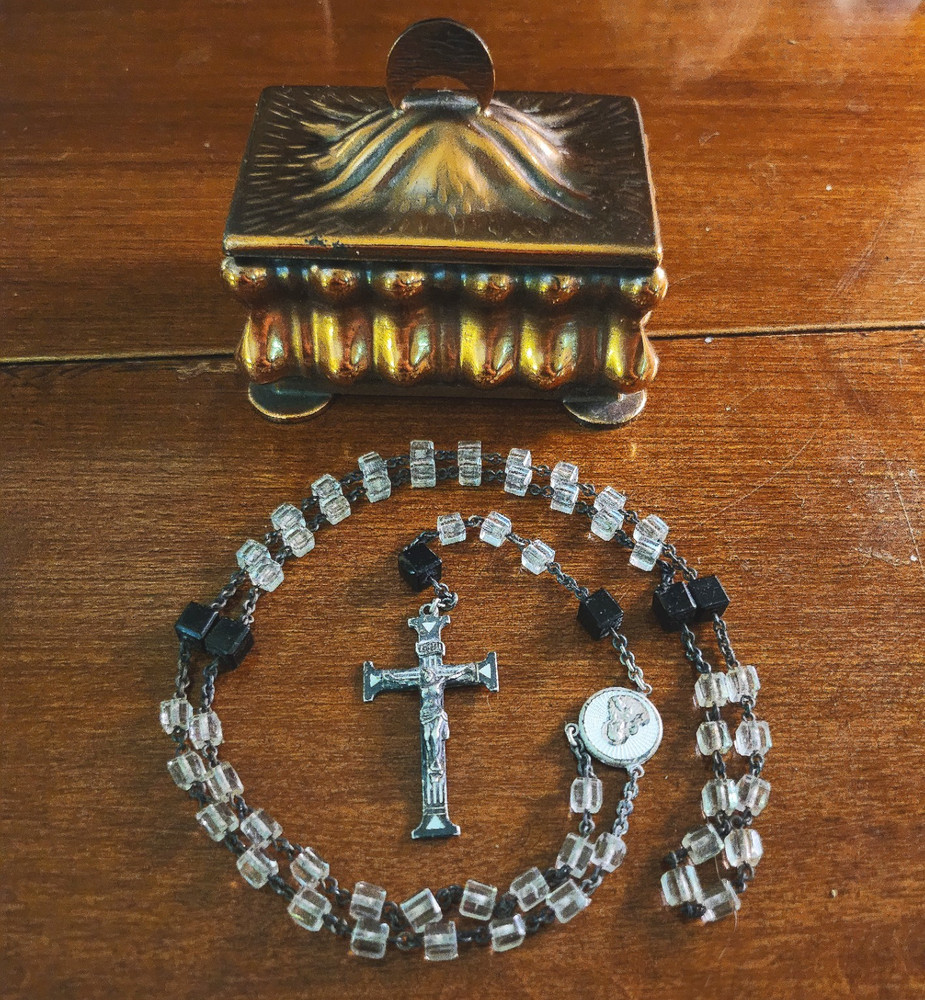 Antique Swift & Fisher Sterling Silver White Enamel Rosary & Vtg Art Nouveau Box