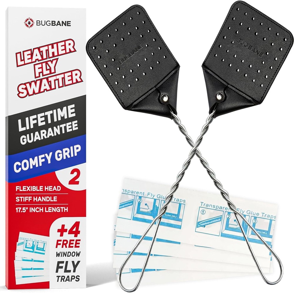 Elegant 2-Pack Leather Fly Swatter with Long Handle & Window Bug Traps