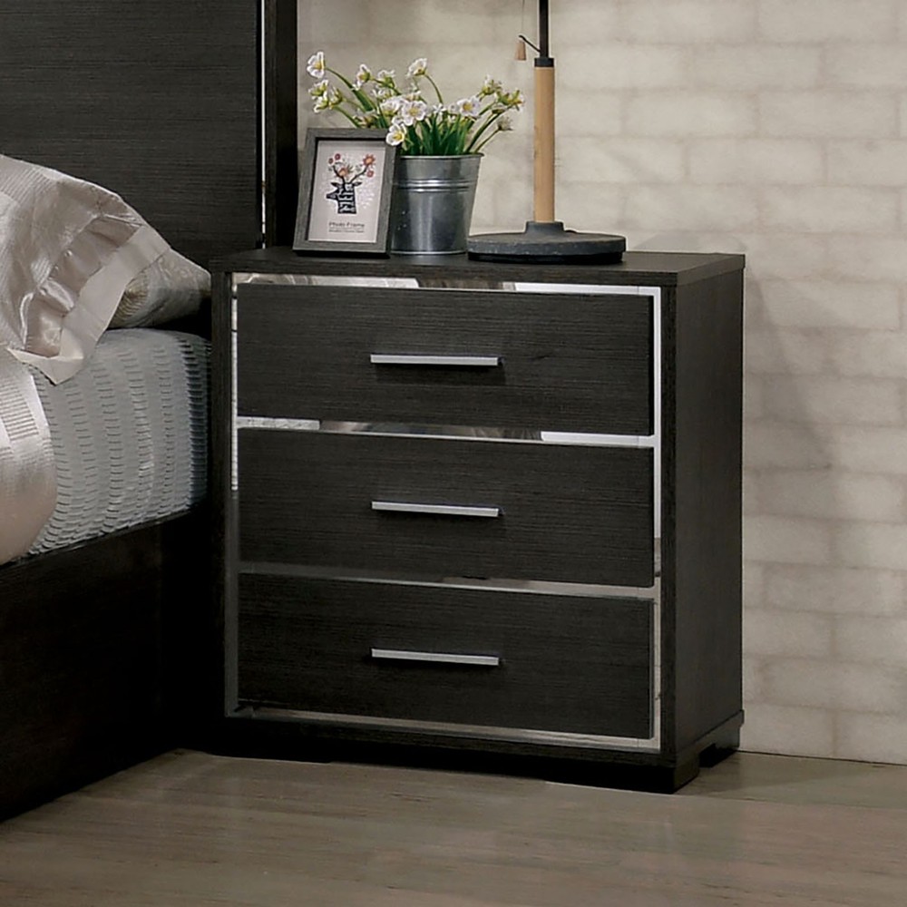 1x Nightstand Solid wood Warm Gray Sleek Modern Lines Chrome Trim Insert