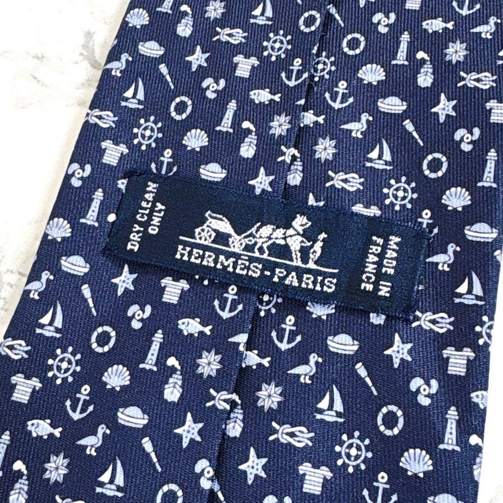 HERMES Tie Full Marine Monogram Pattern Navy Blue