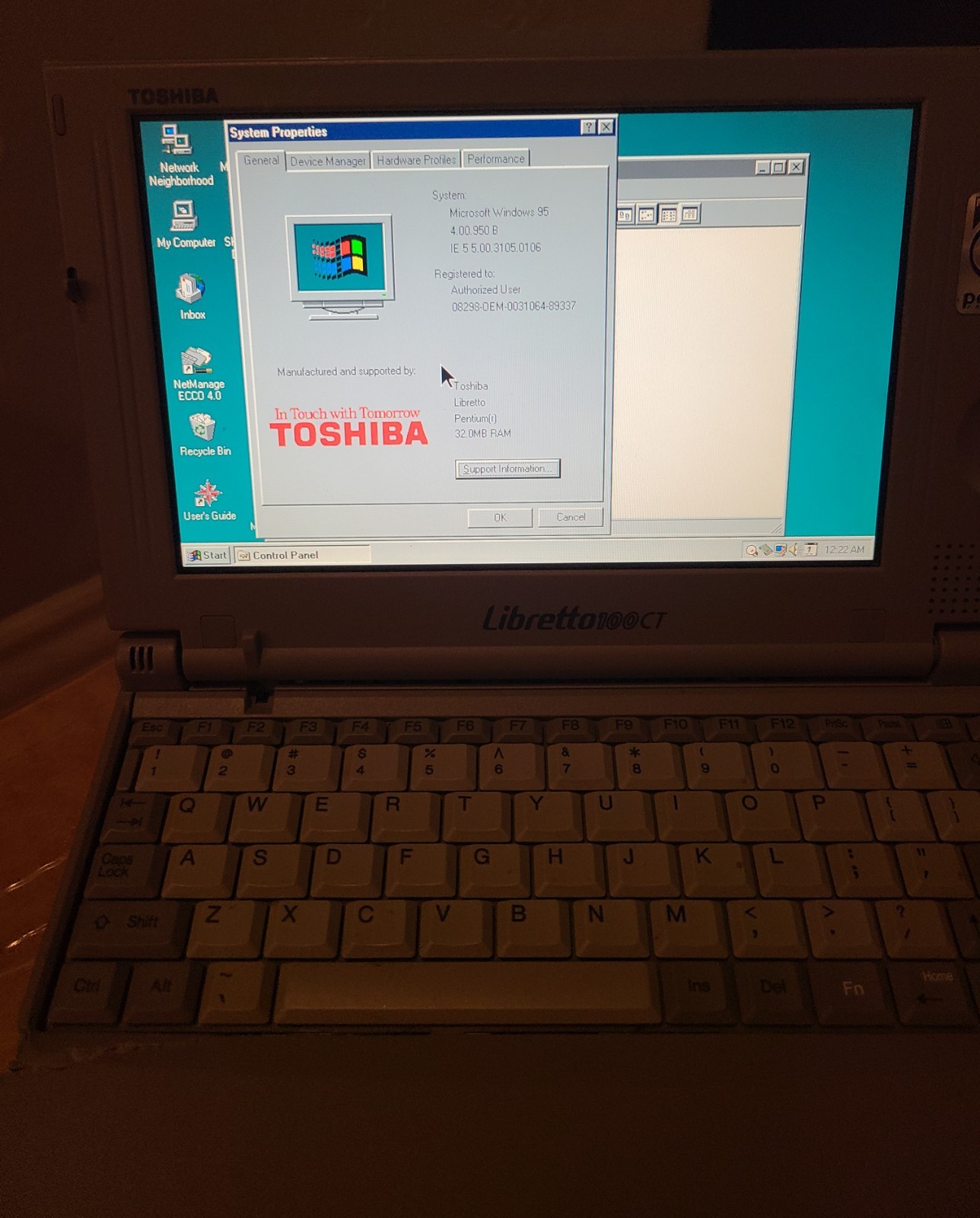 Toshiba Libretto 100CT Win 95 + PCMCIA Modem + Diskette Drive + Case ~ NICE!