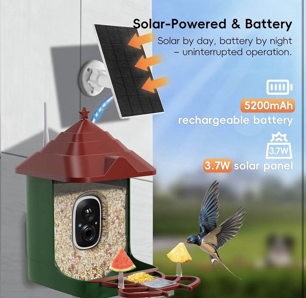 Smart Bird Feeder with Camera, Solar Panel & 5200mAh Battery,