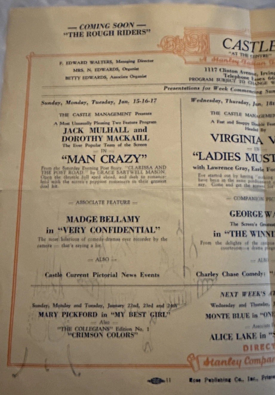 vintage promotional poster for "The Castle" theatre in Irvington, 1928