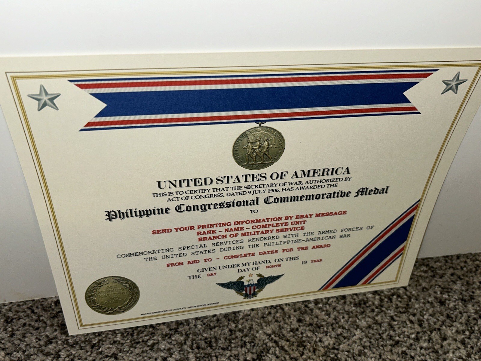PHILIPPINE CONGRESS COMMEMORATIVE MEDAL CERTIFICATE ~ W/PRINTING TYPE-1