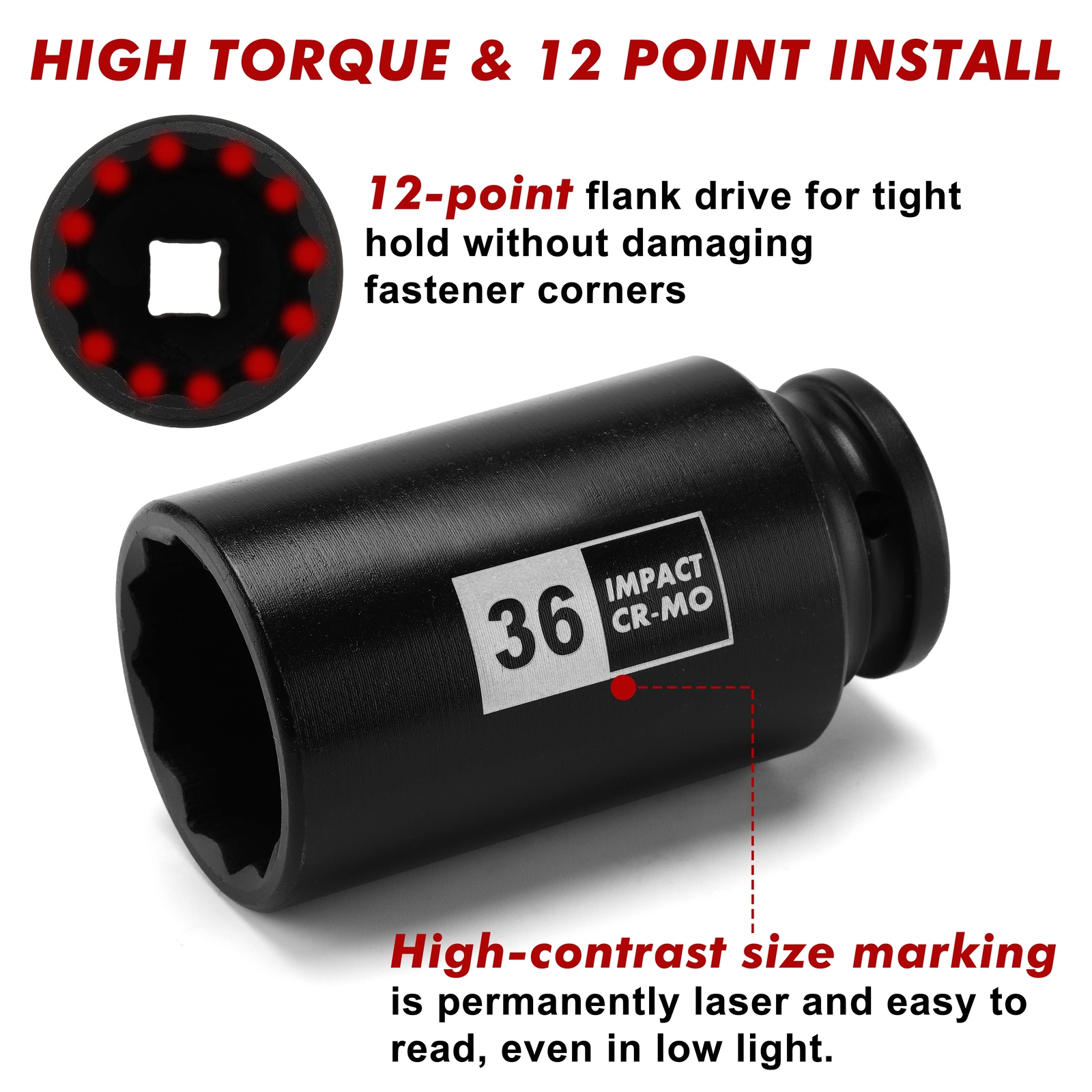 1/2" Drive Deep Spindle Axle Nut Impact Socket Set,12 Point CR-MO, 30,32,34,36mm