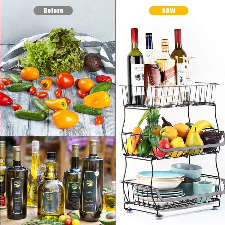 3 Tier Stackable Metal Wire Basket Cart with Rolling Wheels Storage Baskets