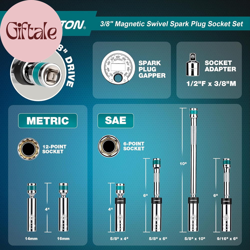 8PCS 3/8"Dr. Magnetic Spark Plug Socket Set, Include Gapper & Extension Bar, Swi