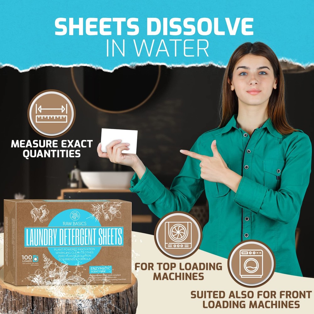 100 Loads Laundry Detergent Sheets, Unscented, Zero Waste, Scent Free Soap