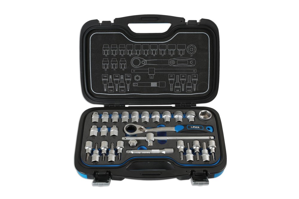 Laser Tools Go Thru Socket Set 1/2"D 28pc 10 to 27mm Hex & Torx Bits 7054