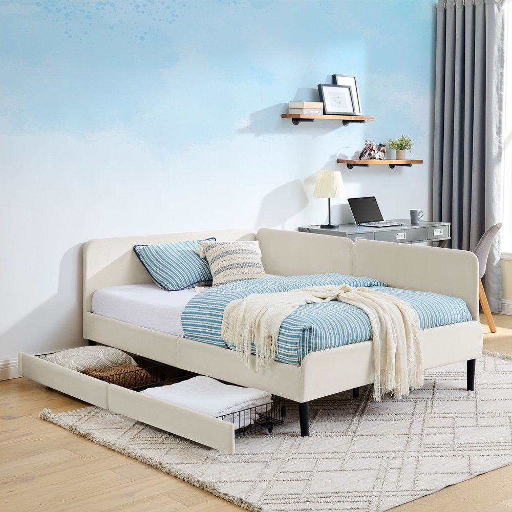 Full Size Upholstered Platform Bed Frame with 2 Storage Drawers, Adjustable Vel