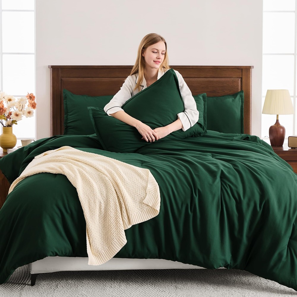 Dark Emerald Green Twin Size Comforter Set, 2 Pieces Boho Solid Bedding Comfo...