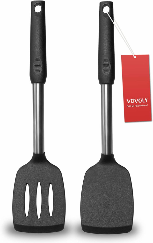2 Pack Spatulas, Solid & Slotted Silicone Spatula Set, Stainless Steel Handle...