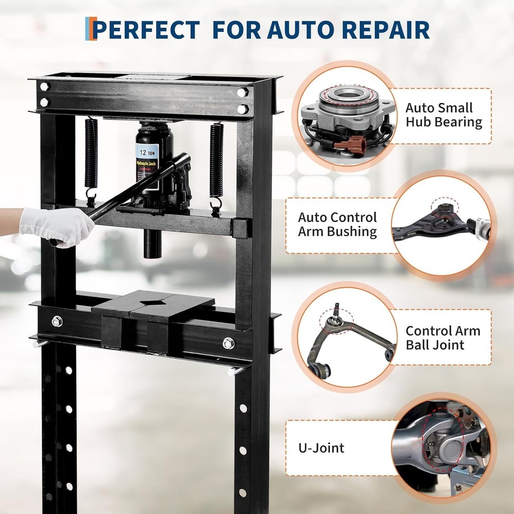 12T Hydraulic Press,H-Frame Press w Adjustable Table for u-Joints&Bending Black