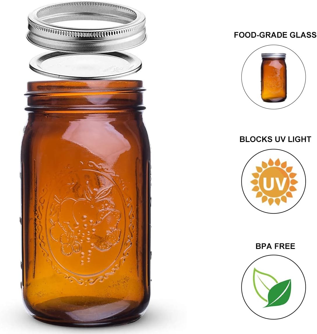 6 Pack Ball Amber Quart Mason Jars 32Oz Canning Glass Jars Fermenting Jam Lids
