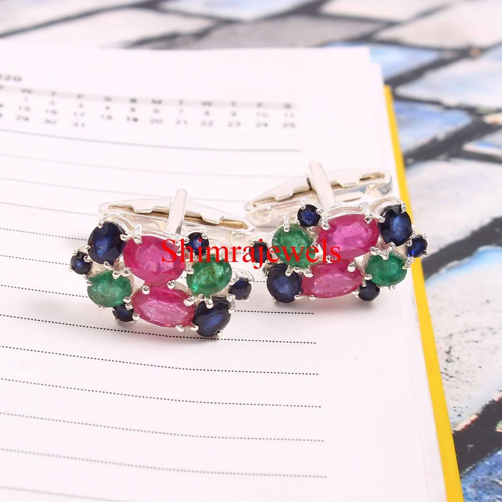Heated Ruby & Simulated Emerald & Heated Sapphire With 925 Silver Cufflinks #710
