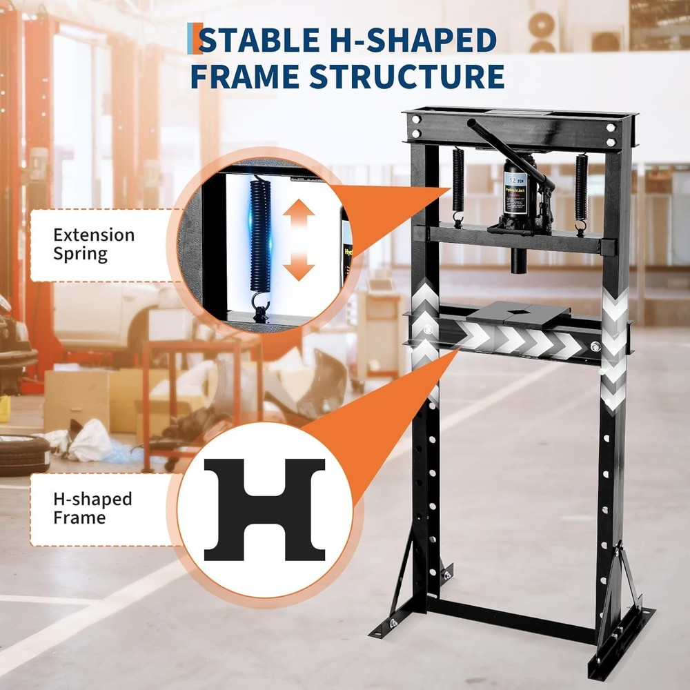 12T Hydraulic Press,H-Frame Press w Adjustable Table for u-Joints&Bending Black