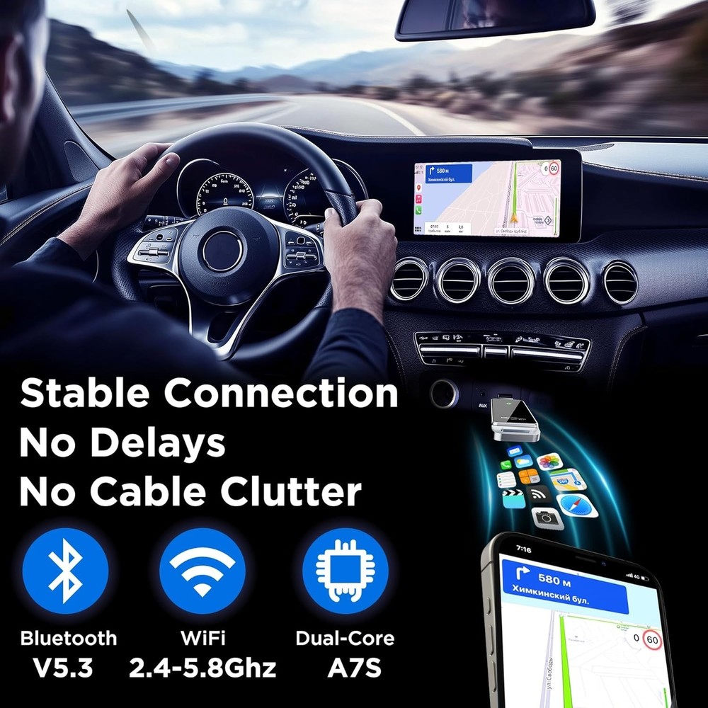 Wireless CarPlay Adapter Upgraded, Plug and Play, No Latency, Bluetooth & Wifi.